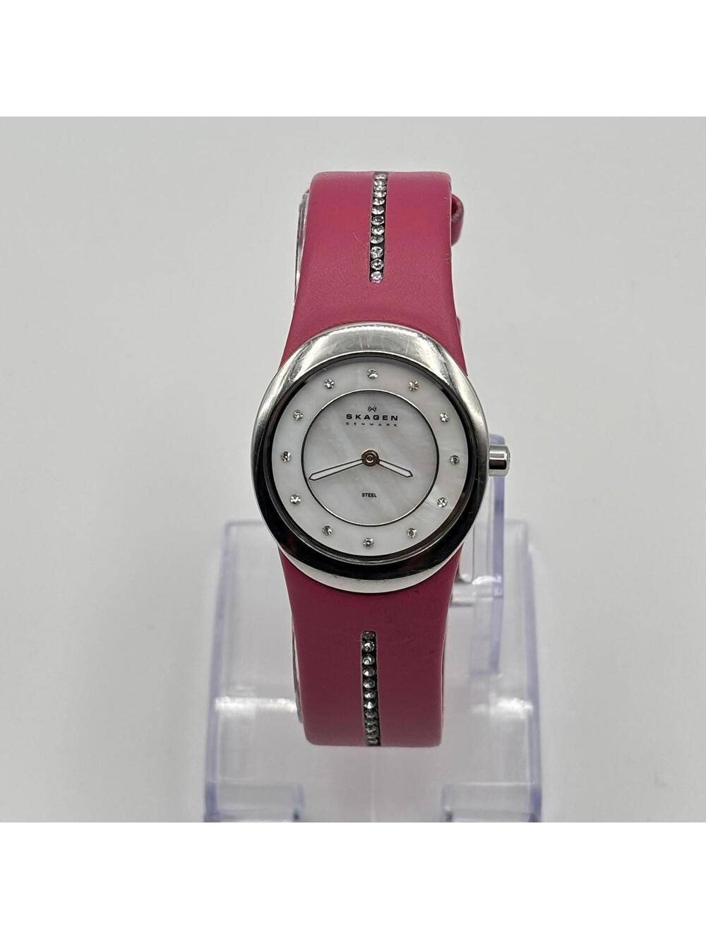 Skagen Slim Ladies Pink Leather Mother Of Pearl Dial 26mm Watch 564XSSLF Running